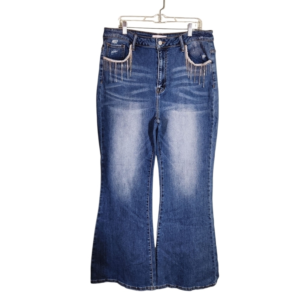 Risen High Rise Rhinestone Fringe Flare Jeans, Sz 3XL